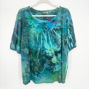 Avenue NWT Boho Blue Green Butterfly Garden Short Sleeve Shirt Size 26/28